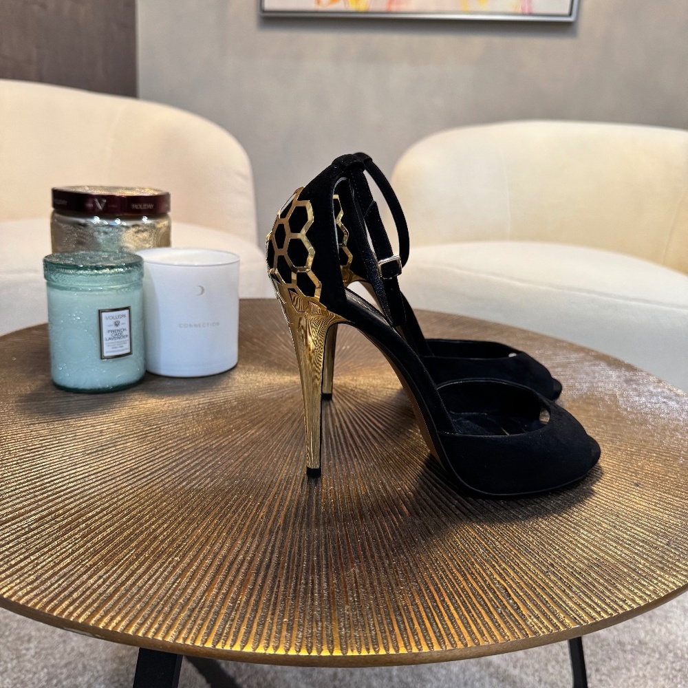 Fendi Black Suede Statement Heels with Gold Plating - Size 38